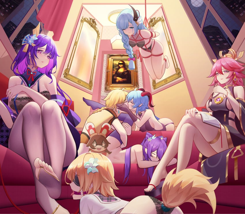 1boy 2d 2d_(artwork) 6+girls 6girls aether_(genshin_impact) anal anal_access anal_tail arms ass backless_panties bare_shoulders barefoot belly belly_button blonde_hair blue_eyes blue_hair bondage bottomless breasts buttplug buttplug_tail city cityscape closed_mouth clothed clothing covered_breasts covered_nipples crossed_legs digital_drawing_(artwork) earrings exposed_breasts facing_viewer feet feet_up female female_focus fingers flower_in_hair front_view fully_clothed ganyu_(genshin_impact) genshin_impact gold_jewelry hair hair_ornament hands hands-free hanging_from_rope headgear hips horn horns hoyoverse image implied_sex indoors keqing_(genshin_impact) kissing knees_together_feet_apart laying_down laying_on_side legs legs_apart legs_held_open legs_spread legs_together legs_up legwear light_skin lingerie long_hair looking_down luai lumine_(genshin_impact) male mirror mona_lisa multiple_girls naked naked_female navel no_bra no_panties nude nude_female open_eyes open_mouth partially_clothed pink_eyes pink_hair purple_eyes purple_hair raiden_shogun restrained rope rope_between_breasts rope_bondage rope_harness shenhe_(genshin_impact) shirt short_hair shoulders sitting soles spreading stockings stomach suspended thick_thighs thighhighs thighs toes tongue tongue_out topless waist yae_miko