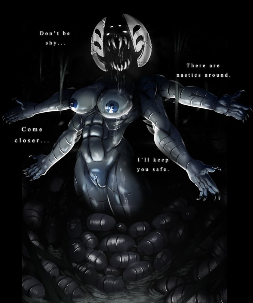 abs arachnid background breasts breasts breath bright_pupils claws curvy dark_body dark_nipples dark_skin drool drool_string drooling erect_nipples glowing_eyes goo hollow_knight hot_breath huge_breasts humanoid large_breasts looking_at_viewer mask maw midwife_(hollow_knight) muscular muscular_female seductive seductress sharp_teeth shiny shiny_skin slimey talking talking_to_viewer tempting text vagina wet wet_pussy wide_hips