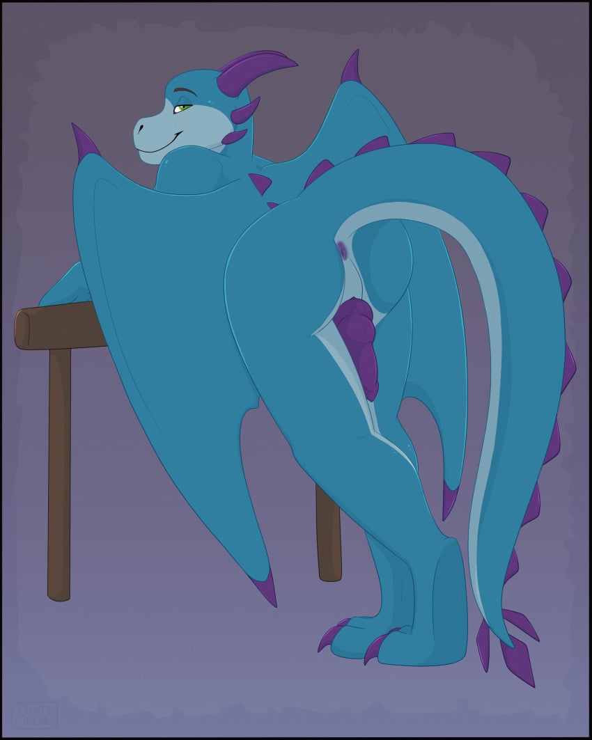 4:5 absurd_res anthro anus blue_body blue_scales dragon ether_(dragon) genitals gothicsiamese green_eyes hi_res horn knot looking_at_viewer looking_back looking_back_at_viewer male multi_knot penis purple_anus purple_horn purple_penis scales slit solo tail wings