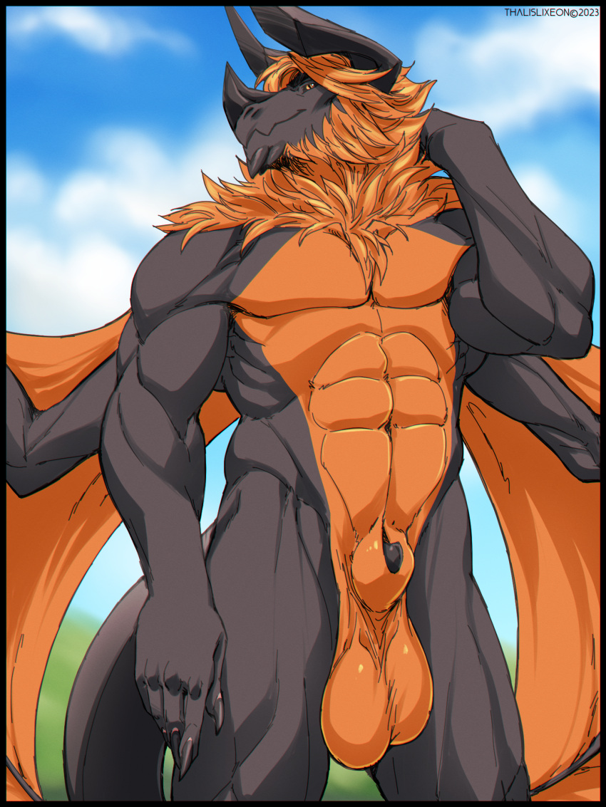 animal_genitalia animal_penis anor_nikimura anthro balls claws dragon genitals hi_res horn male male_only mane muscular muscular_male peeking_penis penis pose presenting presenting_balls presenting_penis saggy_balls scalie sheath solo spread_wings story story_in_description thalislixeon western_dragon wings