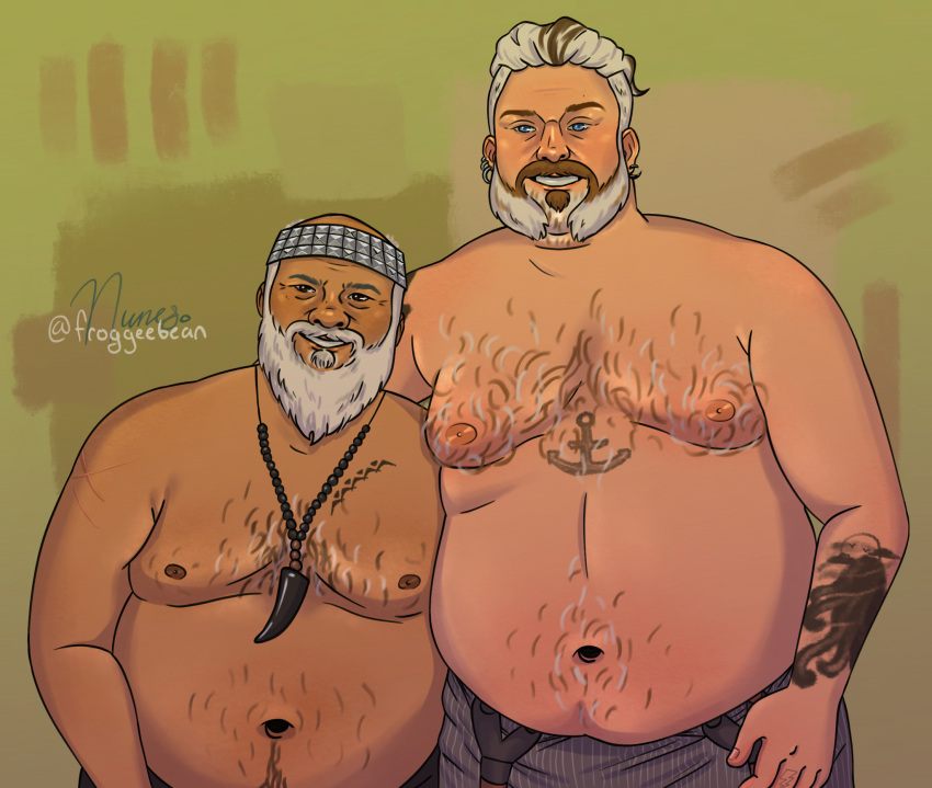 2boys 2males bara barazoku beard belly big_belly big_tummy daddy dilf earrings fang_(our_flag_means_death) froggeebean gay grey_hair hairy_chest looking_at_viewer moobs our_flag_means_death pirate shirtless shirtless_male side_hug size_difference smiling smiling_at_viewer tattoos topless topless_male tummy wee_john_feeney white_hair