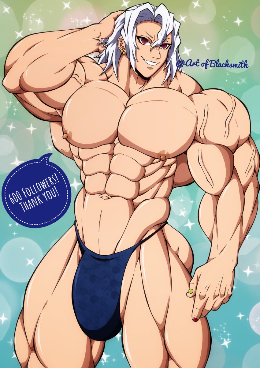 1boy abs absurd_res artofblacksmith biceps bodybuilder bulge bulge_through_clothing demon_slayer follower_celebration kimetsu_no_yaiba male male_focus male_only milestone_celebration muscle muscles muscular muscular_arms muscular_legs muscular_male muscular_thighs nipples pecs solo solo_focus solo_male speedo tagme topless topless_male twitter_username uzui_tengen white_hair