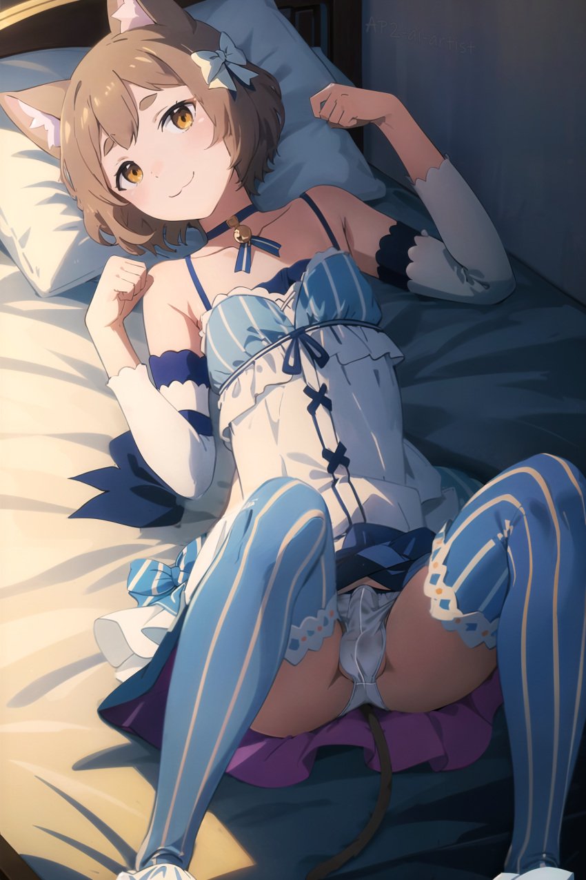 1boy ai_generated ap2-ai-artist bob_cut brown_hair cat_ears cat_tail dress felix_argyle femboy frilled_dress frills from_above hi_res high_resolution laying_on_back laying_on_bed male male_only otokonoko panties paw_pose penis_bulge re:zero_kara_hajimeru_isekai_seikatsu solo yellow_eyes