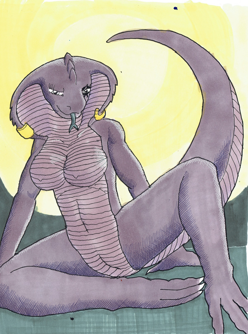 anthro breasts cobra female genitals hi_res invalid_tag nude nyghtmar3 pinup pose presenting pussy reptile scalie sitting slit snake solo traditional_media_(artwork)