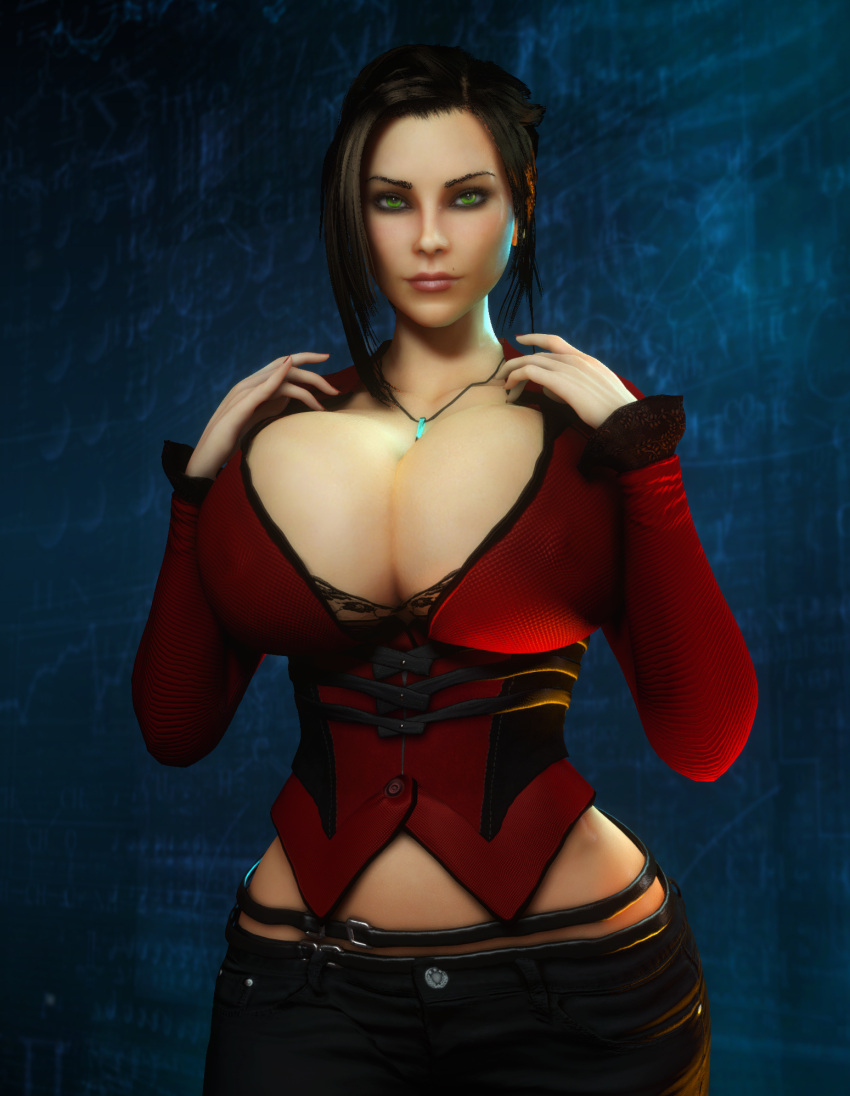 1girls 3d 3d_(artwork) alternate_ass_size alternate_breast_size ass black_hair breasts breasts_bigger_than_head breasts_bigger_than_torso cleavage clothed clothed_female elexis_sinclaire female female_only female_solo gigantic_ass gigantic_breasts green_eyes hourglass_figure huge_ass huge_breasts human human_female human_only looking_at_viewer necklace sin_(game) skin_tight small_waist solo solo_female thin_waist top_heavy vaako wasp_waist wide_hips