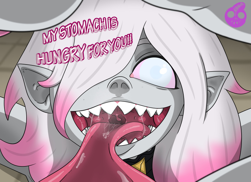 briar_(league_of_legends) fangs female female_pred giantess giantess_vore grey_skin league_of_legends long_tongue nikonoir oral_vore saliva size_difference uvula vampire vampire_girl vore white_hair