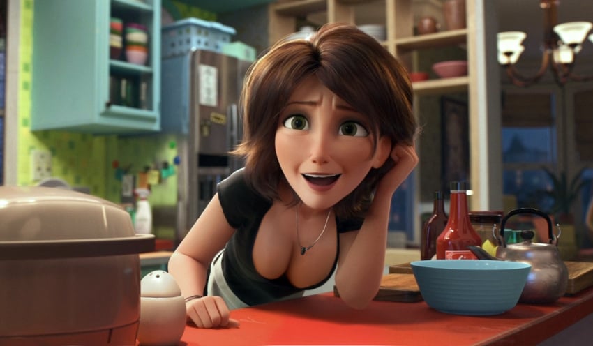 3d accurate_art_style big_hero_6 black_shirt blush breasts brown_hair cass_hamada cleavage downblouse female indoors large_breasts marvel marvel_comics mature_female open_mouth rastifan short_hair tagme