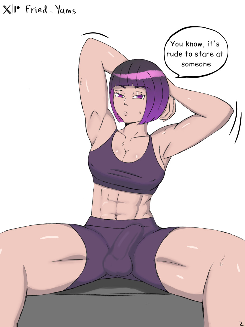 1futa abs arms_up balls big_breasts big_penis breasts bulge clothed clothing dialogue english_text erection fully_clothed futa_only futanari gym_clothes human light-skinned_futanari light_skin muscular muscular_female muscular_futanari penis purple_eyes purple_hair sitting solo stretching sweating sweetpotat0 text text_bubble