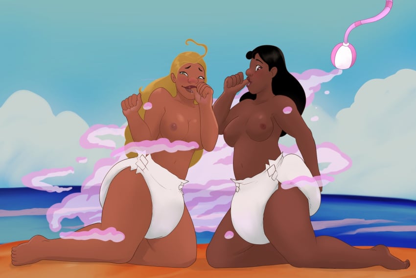 2girls beach big_breasts black_hair blonde_hair breasts coqo dark-skinned_female dark_skin diaper diaper_critter diaper_fetish drooling female lifeguard_(lilo_and_stitch) lilo_and_stitch nani_pelekai nipples saliva sucking_thumb