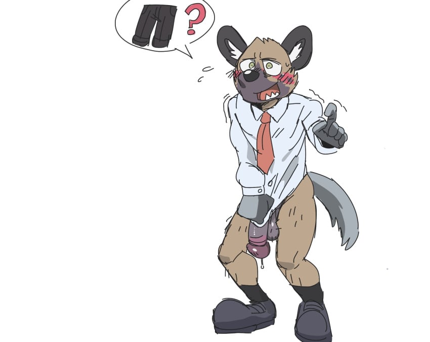 aggressive_retsuko aggretsuko anthro balls blush bodily_fluids bottomless clothed clothing covering covering_self dress_shirt dripping flaccid genital_fluids genitals haida haida_(aggretsuko) hi_res hollowpup hyena male mammal necktie penis pictographics precum precum_drip sanrio shirt simple_background topwear topwear_only white_background