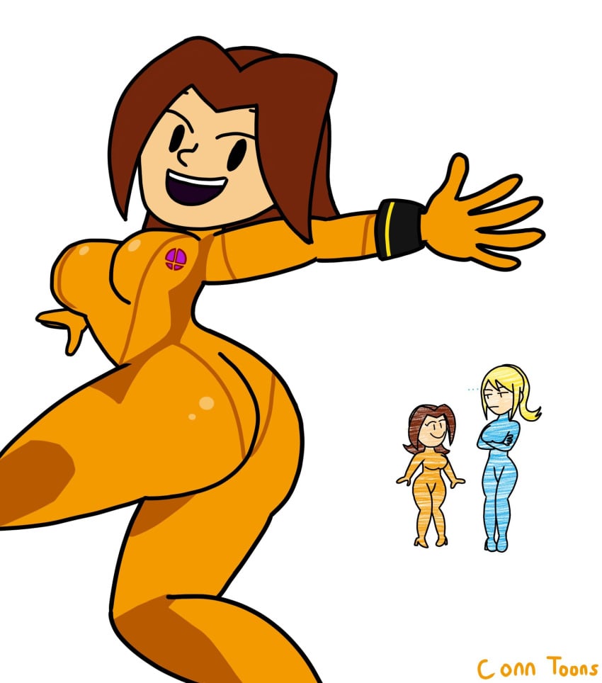 2girls ass blonde_hair blue_bodysuit bodysuit breasts brown_hair crossed_arms dot_eyes full_body gloves happy high_heels konoconn long_hair medium_breasts metroid mii mii_gunner mii_gunner_(smash_4) nintendo orange_bodysuit ponytail posing samus_aran sidelocks size_difference skin_tight smile solid_eyes standing super_smash_bros. thigh_clothes tied_hair zero_suit zero_suit_samus