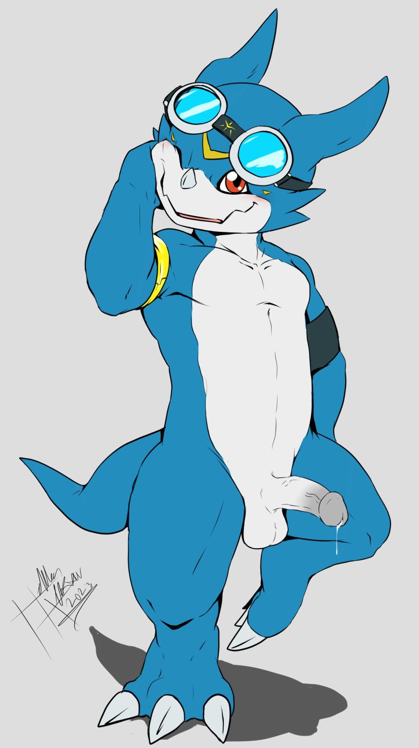 1boy absurd_res anthro balls bandai_namco blue_body blush claws digimon digimon_(species) erection eyewear genitals goggles heibanhikaru hi_res horn male male_only nude one_eye_closed pecs penis scalie short_stack smile solo veemon vein veiny_penis wink