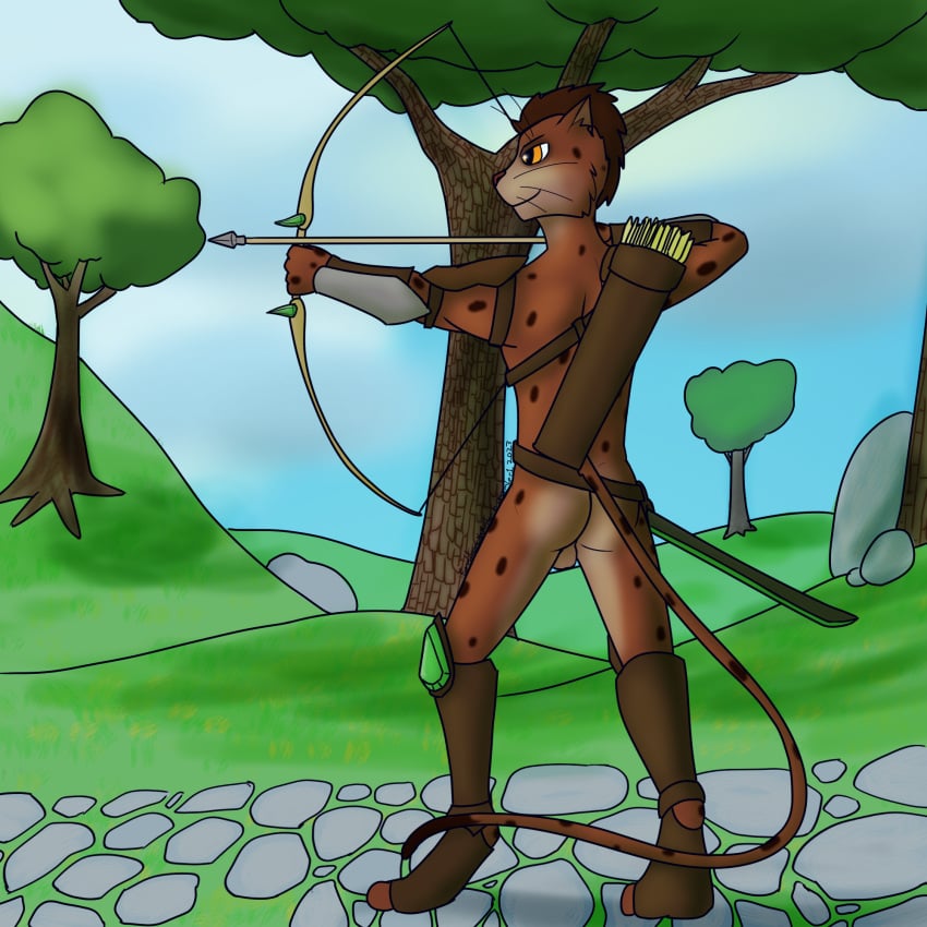 anthro armor ass backsack balls belt bethesda_softworks boots boots_only bow_(weapon) bracers clothing felid footwear footwear_only fur fyreblazes genitals hi_res humanoid khajiit male mammal melee_weapon mostly_nude nude orange_eyes pauldron quiver_(arrows) ranged_weapon red_body red_fur sholder_pads solo sword the_elder_scrolls unconvincing_armor weapon wristwear wristwear_only