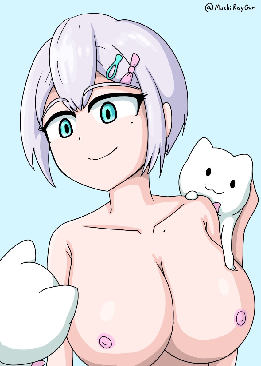 1girls areolae avocado_hairpin beauty_mark big_breasts blue_eyes breasts feline grey_hair hair_ornament hiiragi_emuri huge_breasts indie_virtual_youtuber large_breasts light-skinned_female light_skin mythic_live nude short_hair smile virtual_youtuber