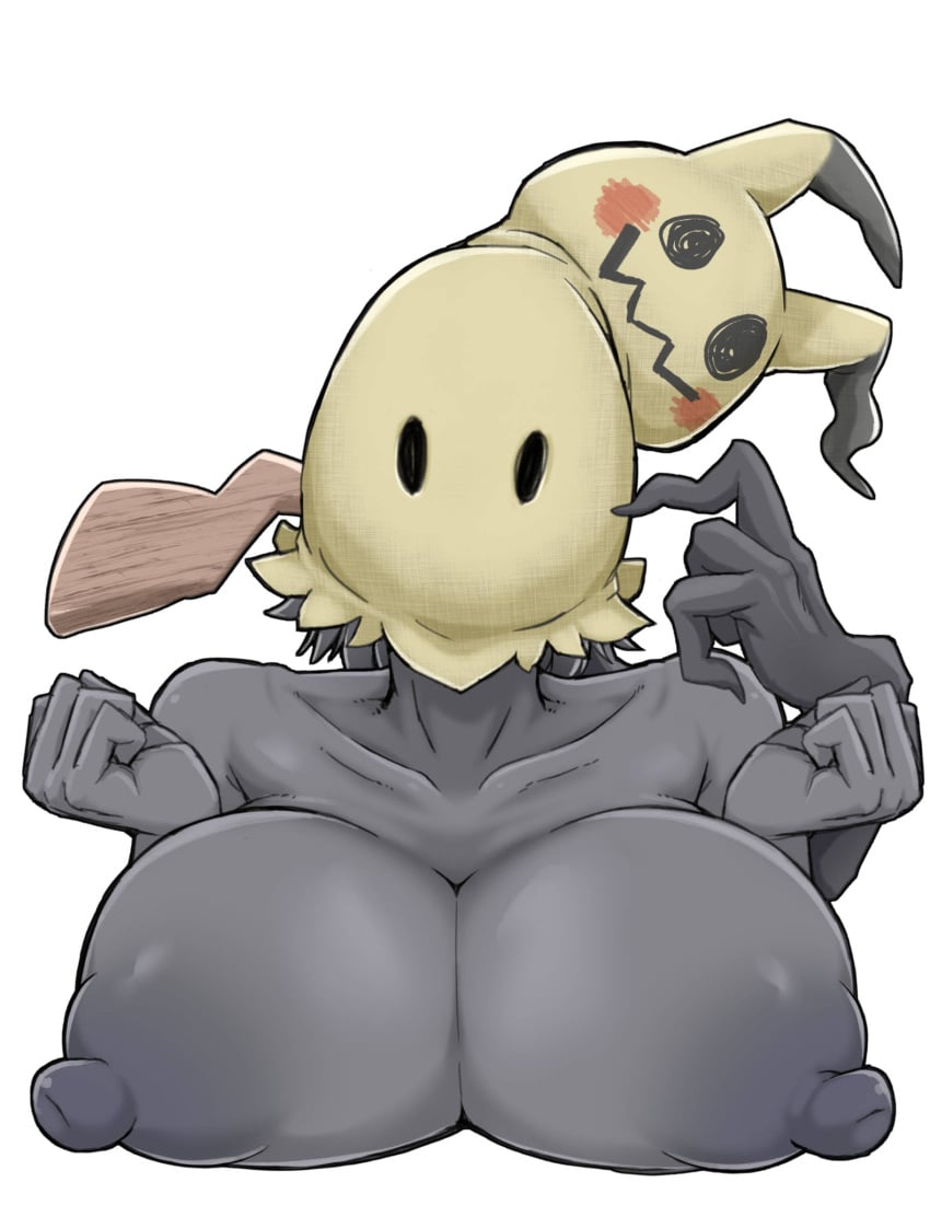 anthro big_breasts breast_squeeze breasts claws hands hi_res looking_at_viewer mimikyu multi_arm multi_limb nanishimeji nipples pokémon_(species) pokemon tagme white_background