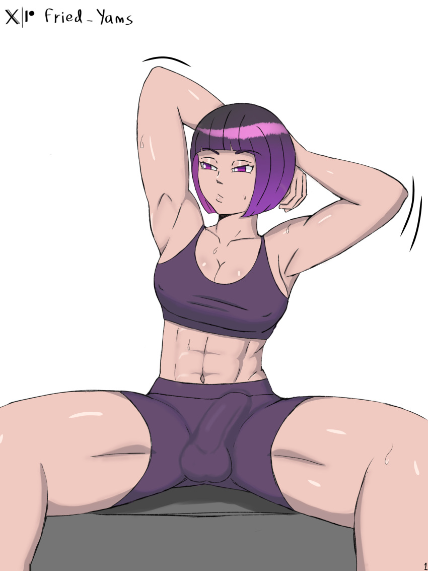 1futa abs arms_up balls bangs breasts bulge clothed clothing erection fully_clothed futa_only futanari girl gym_clothes human light-skinned_futanari light_skin muscular muscular_female penis purple_eyes purple_hair short_hair sitting solo stretching sweating sweetpotat0