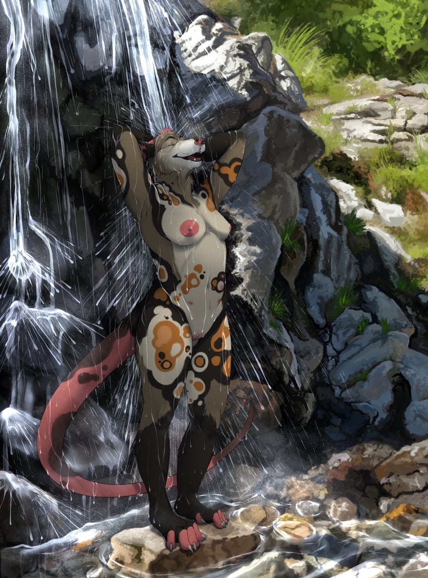 absurd_res african_wild_dog american_opossum anthro avery_(weisyl) bathing black_body black_fur breasts brown_body brown_fur canid canine chubchow claws closed_eyes detailed_background female forest fur genitals hi_res hybrid mammal markings marsupial nude open_mouth orange_body orange_fur pink_tail plant pussy raised_arms solo solo_focus standing tail tail_markings tasteful_nudity toe_claws tree waterfall white_body white_fur