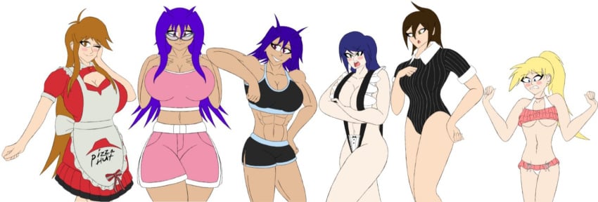 big_breasts blaze_ember blonde_hair blue_hair blush brown_hair cinder_ember cosplay female_only frilled_bikini glasses hands_on_breasts huge_breasts keeva_rojas leanne_greenleaf long_hair maid meme_attire multiple_girls muscular pink_bikini pizza_hut purple_hair rose_rozey shocked_expression short_hair sling_bikini small_breasts spark_knight sweater_dress white_background workout_clothes zelia_mizusawa