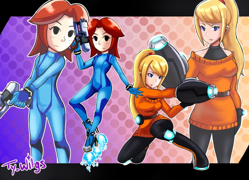 2girls aiming arm_cannon belt blonde_hair blue_bodysuit bodysuit boots breasts brown_hair clothes_swap clothing cosplay dot_eyes floating full_body gloves gun high_heels kneeling long_hair medium_breasts metroid mii mii_gunner mii_gunner_(smash_4) mole mole_under_mouth multiple_girls nintendo orange_sweater parted_hair polka_dot_background ponytail posing samus_aran sidelocks size_difference skin_tight solid_eyes standing super_smash_bros. thigh_clothes tied_hair zero_suit