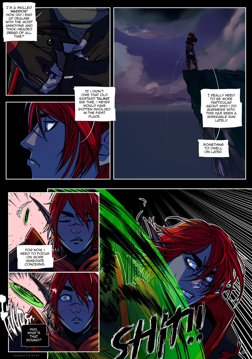 armor blizzard_entertainment comic darkra elf_ears english_text fingerless_gloves grey_skin kelsier_sharpsun page_80 peeing red_hair speech_bubble unzipped_pants void_elf warcraft world_of_warcraft yellow_eyes