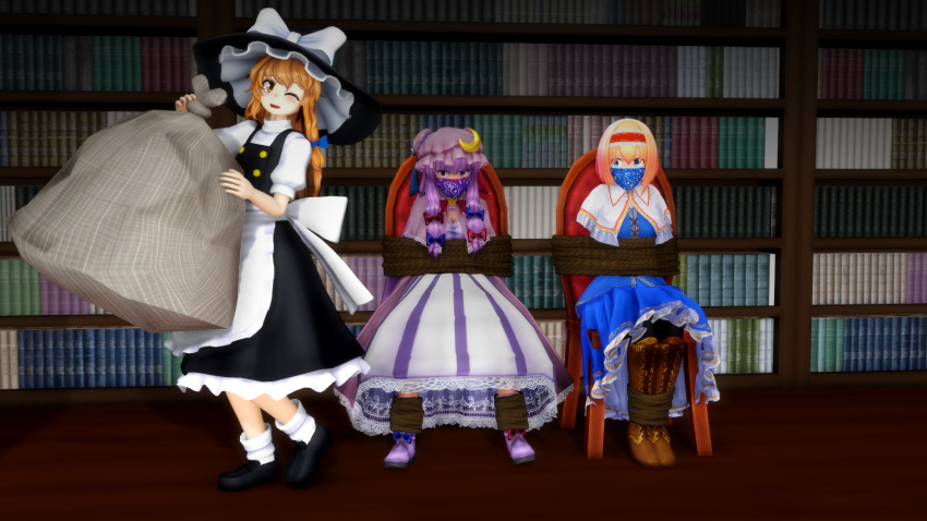 3girls alice_margatroid bondage chair_tied damsel_in_distress female female_only gag gagged kirisame_marisa marisa_kirisame mikumikudance mmd over_the_mouth_gag over_the_nose_gag patchouli_knowledge tagme touhou y0z0ra