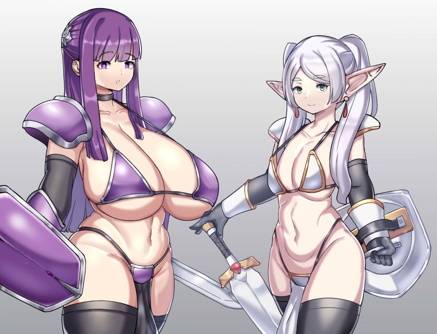 2girls armor armored_gloves big_breasts bikini_armor black_thighhighs breasts cleavage ear_piercing earrings female female_only fern_(sousou_no_frieren) flat_chest frieren green_eyes hair huge_breasts large_breasts legwear long_hair looking_at_viewer multiple_girls pelvic_curtain purple_eyes purple_hair shield shoulder_pads skimpy skimpy_armor sousou_no_frieren sword teacher_and_student tetsu_chokoreto thighhighs thighs twintails white_hair