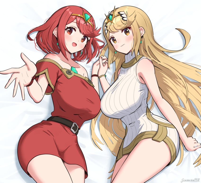 2girls absurd_res blonde_hair breasts clothed core_crystal female gold_eyes gonzarez hi_res huge_breasts light-skinned_female light_skin long_blonde_hair long_hair looking_at_viewer monolith_soft mythra nintendo pyra red_eyes red_hair short_hair short_red_hair smile thighs xenoblade_(series) xenoblade_chronicles_2 xenoblade_chronicles_3