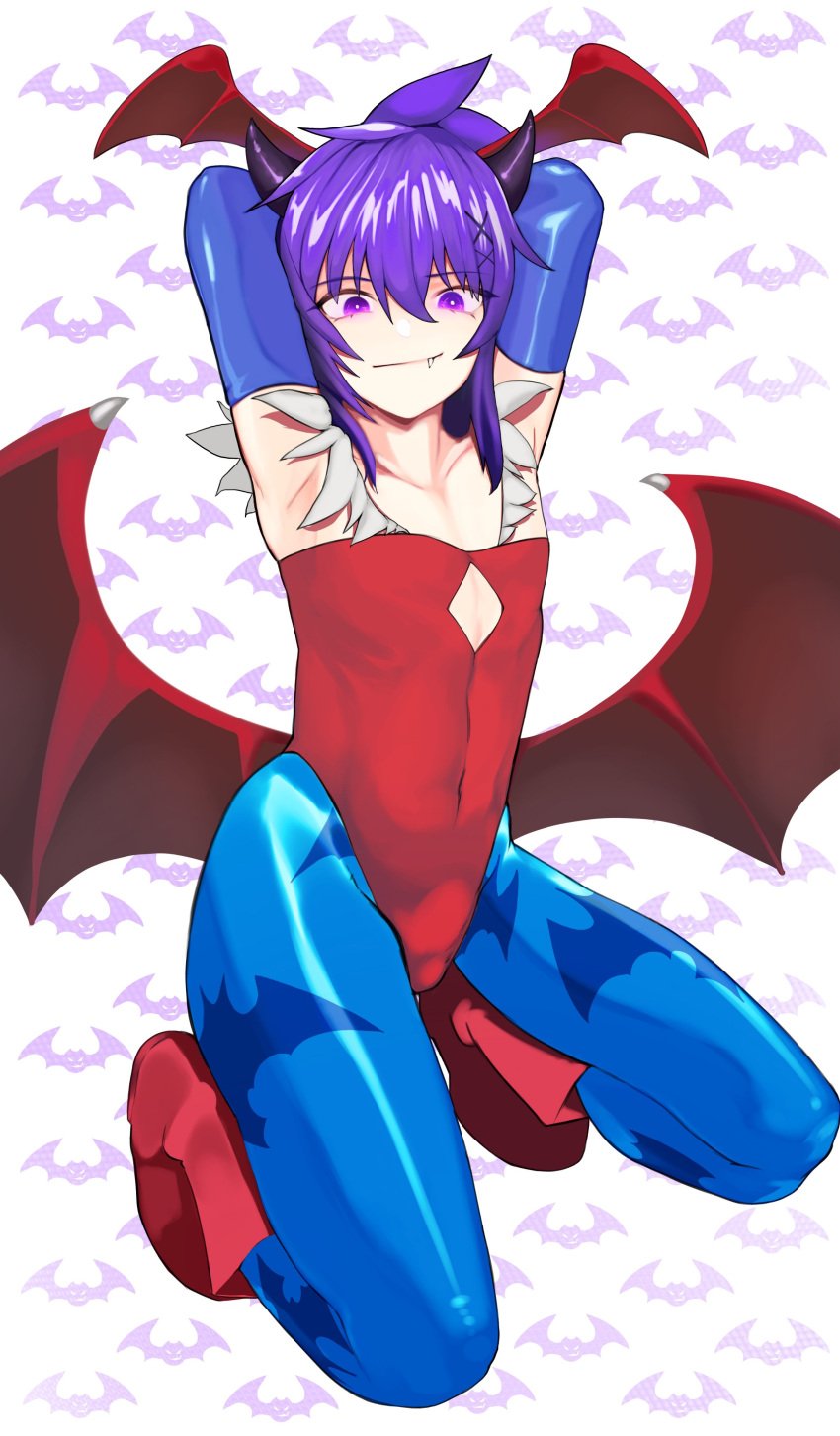 arm_pits armpit armpit_crease armpits arms_above_head arms_behind_head arms_up ash(succuboy) bulge bulge_through_clothing bulge_under_clothes cosplay darkstalkers demon demon_boy demon_femboy demon_horns fang fang_smile fangs feet_apart femboy feminine_male flat_chest flat_chested girly gloves head_wings headwings heels_up hip_wings kkun88 kneeling knees_apart knees_apart_feet_apart latex latex_armwear latex_clothing latex_gloves latex_legwear latex_stockings leotard leotard_bulge light-skinned light-skinned_male light_skin lilith_aensland_(cosplay) long_gloves long_hair looking_at_viewer male male_only on_knees one_fang pale-skinned_femboy pale-skinned_male pale_body pale_skin pony_tail ponytail posing posing_for_the_viewer purple_eyes purple_hair red_wings seiza single_fang smile smile_at_viewer solo solo_femboy solo_focus solo_male spiked_hair spiky_hair spiky_ponytail succuboi succubus succubus_(male) succubus_costume succubus_horns succubus_wings vampire_savior virtual_youtuber vtuber vtuber_persona vtuberfanart