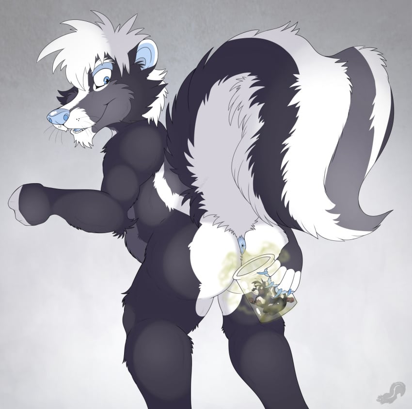 anthro anus ass container duo fart fart_fetish farting_on_another hi_res jar kaden_(luniethewolf66) looking_down male male/male mammal mephitid micro raised_tail rockyjstinkston skunk skunk_tail slim smelly tail