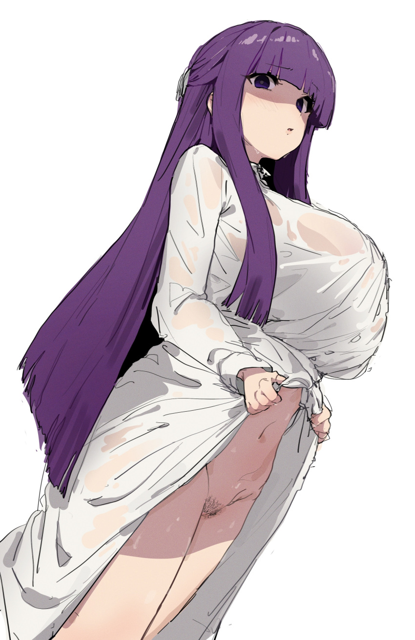 1girls absurdres blush breasts clothes_lift dress dress_lift female female_only female_pubic_hair fern_(sousou_no_frieren) highres large_breasts long_hair looking_at_viewer navel no_bra no_panties ocha_(popopogg) parted_lips pubic_hair purple_eyes purple_hair see-through shadow simple_background solo sousou_no_frieren white_background