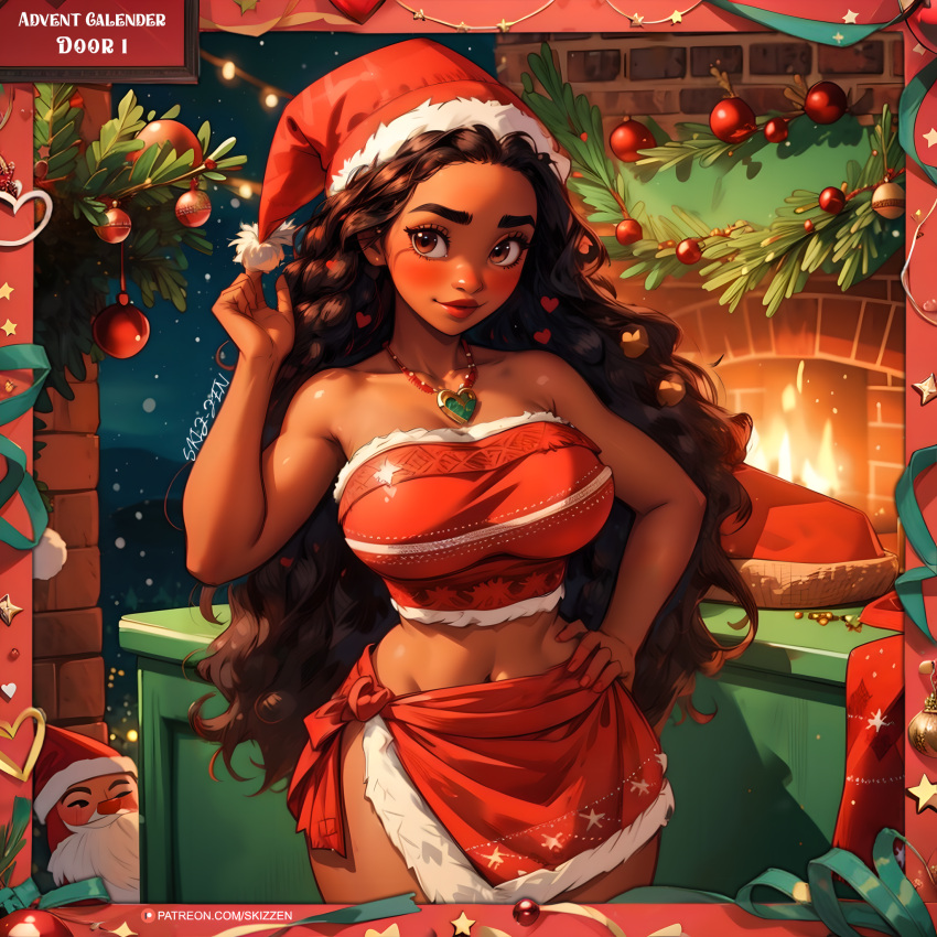 ai_generated bandeau big_breasts brown_eyes brown_hair brown_skin christmas christmas_hat christmas_outfit christmas_tree collarbone croptop dark-skinned_female dark_skin midriff moana moana_waialiki necklace patreon_username skizzen thin_waist wide_hips