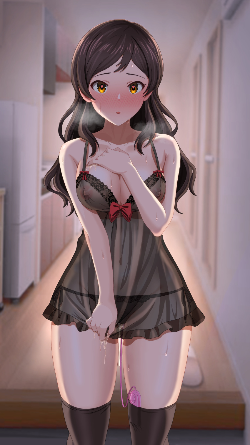 absurdres black_chemise black_panties black_thighhighs blurry blurry_background blush breasts breath brown_hair cleavage covered_navel covered_nipples egg_vibrator feet_out_of_frame female hand_on_own_chest heart heart-shaped_pupils highres idolmaster idolmaster_million_live! indoors kitazawa_shiho lace-trimmed_chemise lace-trimmed_panties lace_trim looking_at_viewer medium_breasts nose_blush panties pussy_juice pussy_juice_trail see-through_chemise sex_toy side-tie_panties solo standing sweat symbol-shaped_pupils thighhighs toritori_miri underwear vibrator vibrator_cord vibrator_in_thighhighs