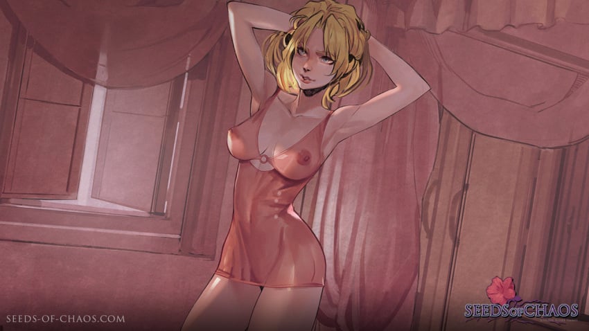 1girls areola areolae armpits arms_up blonde_hair breasts cynthia_(seeds_of_chaos) female female_only negligee nipples see-through_clothing seeds_of_chaos solo solo_female sommelier thighs venus_noire