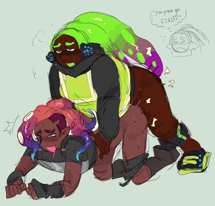 2boys agent_3_(splatoon) akemi_(pocket_stars) ambiguous_penetration dark-skinned_male dark_skin fat fat_male gay grabbing_from_behind inkling inkling_boy male_only octarian octoling splatoon tokoronto