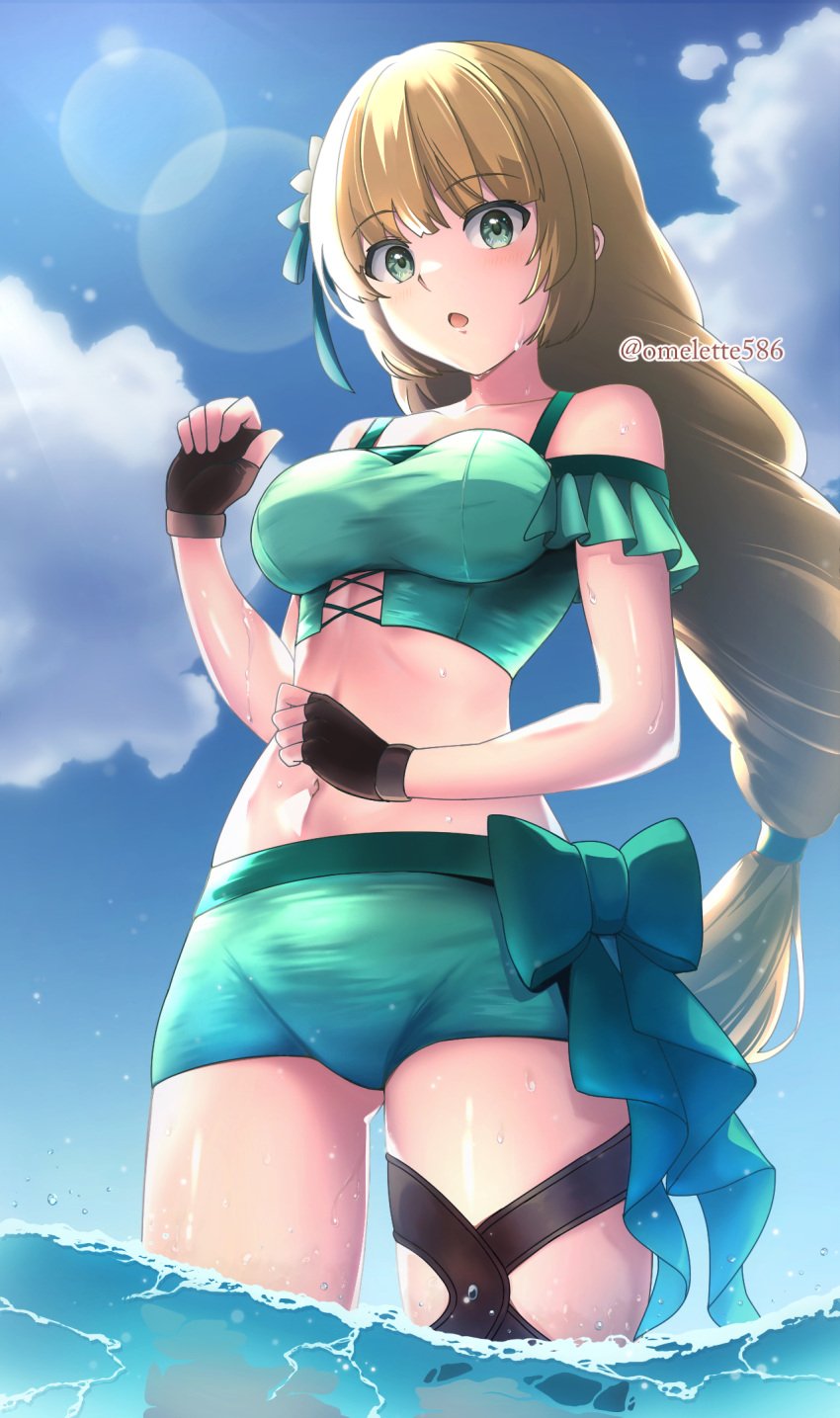 1girls :o alternate_costume ass_visible_through_thighs bare_shoulders bikini black_gloves blonde_hair blue_sky bow breasts cloud commentary_request day female female_only fingerless_gloves fire_emblem fire_emblem:_three_houses fire_emblem_heroes gloves green_bikini green_bow green_eyes green_shorts green_swimsuit highres ingrid_brandl_galatea ingrid_brandl_galatea_(summer) komurice lens_flare long_hair medium_breasts navel nintendo off-shoulder_bikini off_shoulder official_alternate_costume parted_lips short_shorts short_sleeves shorts sky solo standing stomach swimsuit thighs very_long_hair wading water