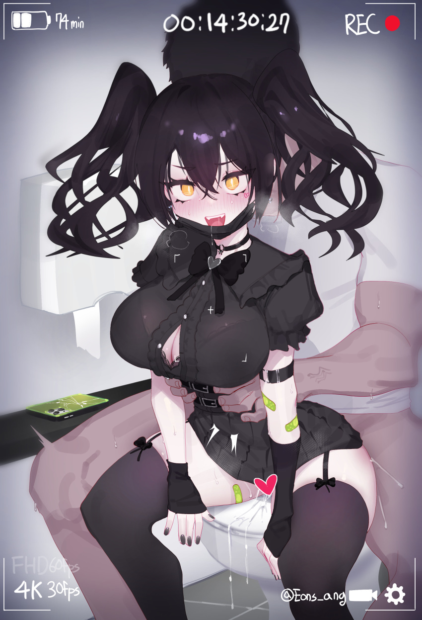 1boy 1girls absurdres arm_strap bandaid bandaid_on_arm bandaid_on_leg battery_indicator black_bow black_bowtie black_choker black_dress black_gloves black_hair black_nails black_thighhighs blush bow bowtie bra_visible_through_clothes breasts censored choker cleavage cleavage_window clothed_sex curvaceous curvy dress eonsang feet_out_of_frame female fingerless_gloves garter_straps girls'_frontline hair_between_eyes heart heart_censor highres large_breasts light-skinned_female long_hair looking_at_viewer mask_pull nail_polish open_mouth painted_nails puffy_short_sleeves puffy_sleeves recording scarecrow_(girls'_frontline) sex sex_from_behind short_sleeves sitting solo_focus straight teeth thighhighs three-quarter_view toilet toilet_seat torso_grab twintails upper_teeth_only viewfinder voluptuous yellow_eyes