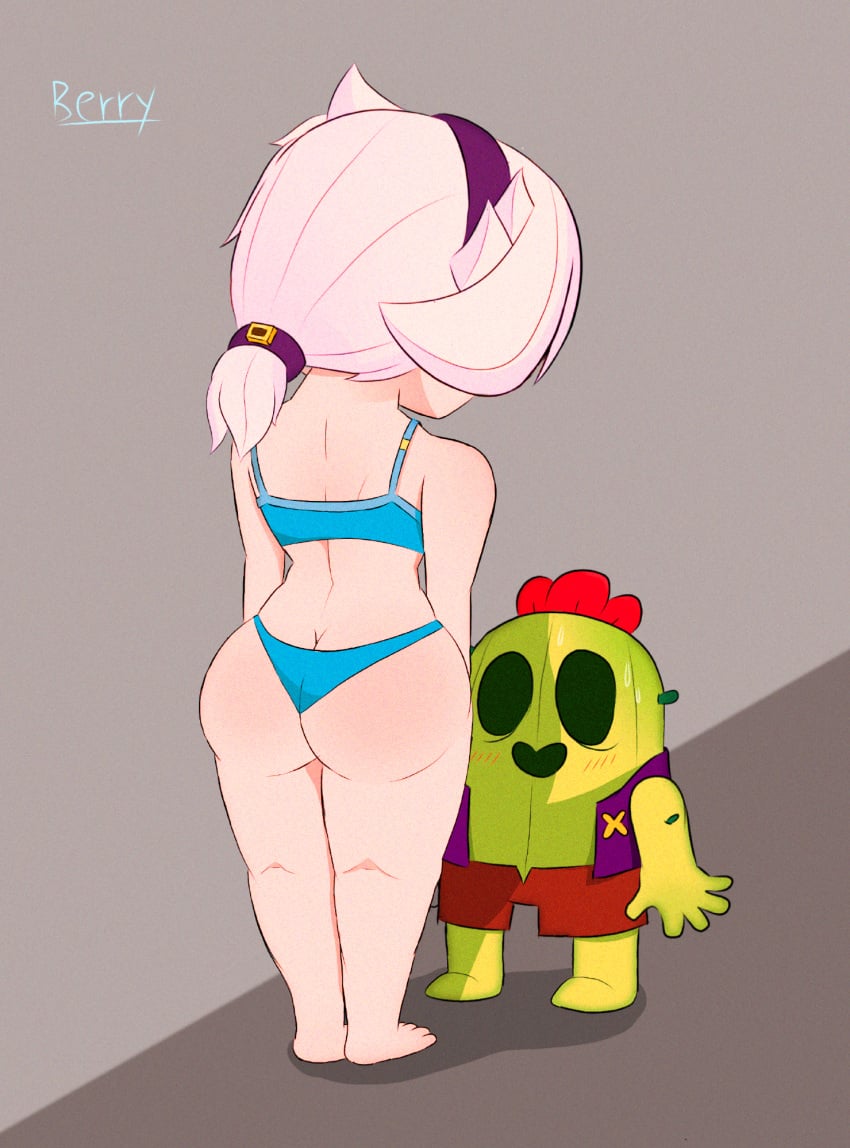 1boy 1girls ass before_sex big_ass blushing bra brawl_stars colette_(brawl_stars) female looking_up male panties spike_(brawl_stars) supercell surprised sweat sweating theberrycbr white_hair