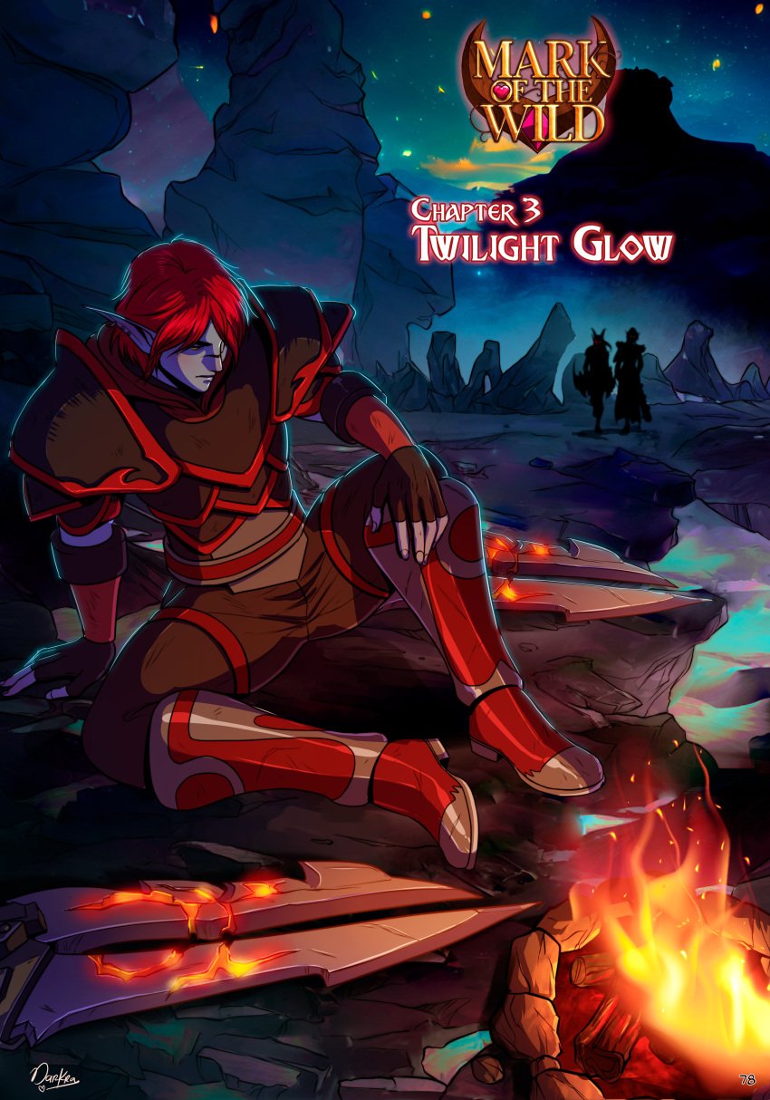 1boy 2girls armor blizzard_entertainment campfire chapter_3 comic comic_cover darkra elf_ears english_text fingerless_gloves kelsier_sharpsun page_78 red_hair sword void_elf warcraft world_of_warcraft