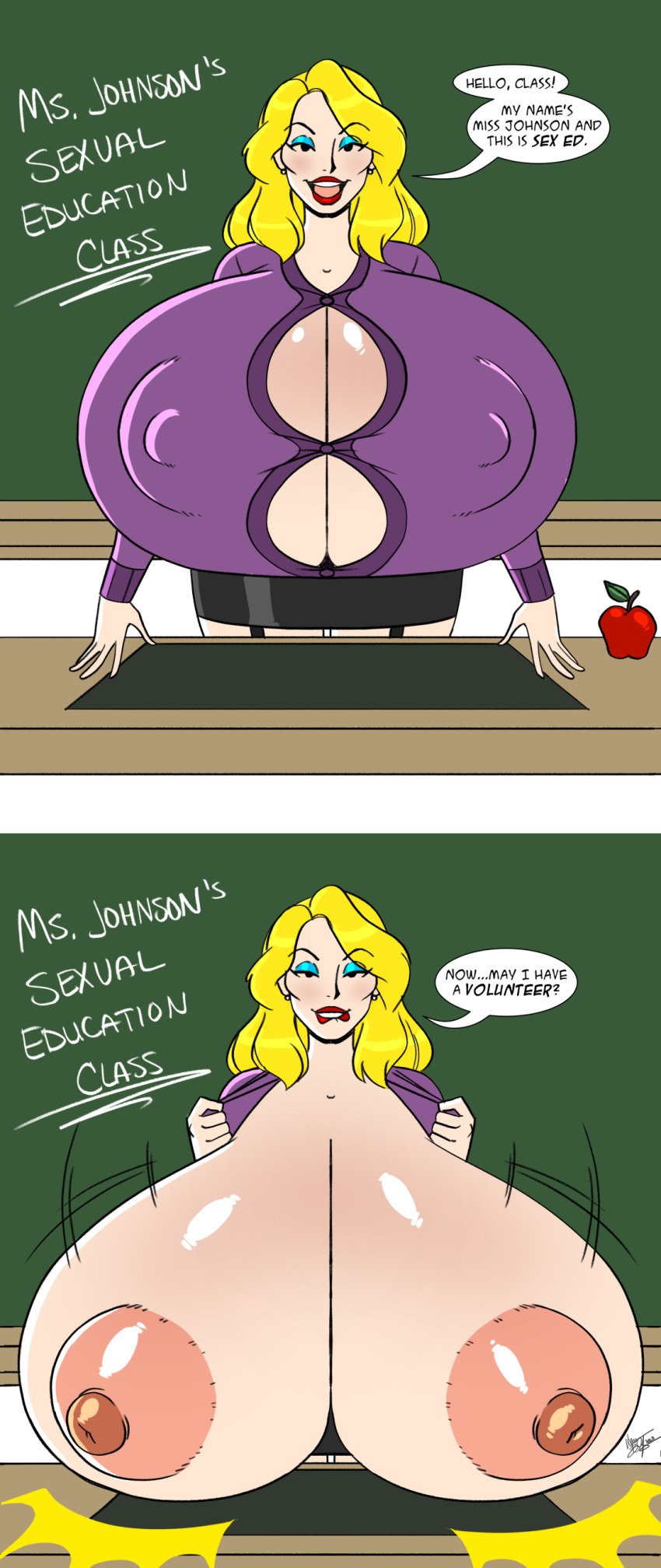 1girls aeolus06 apple big_breasts blackboard blonde_hair breasts classroom copyright_request english_text enormous_breasts female female_only flashing flashing_breasts gigantic_breasts huge_breasts hyper_breasts large_breasts ms._johnson nipple_bulge nipples red_lipstick sex_ed sex_education solo solo_female speech_bubble teacher text