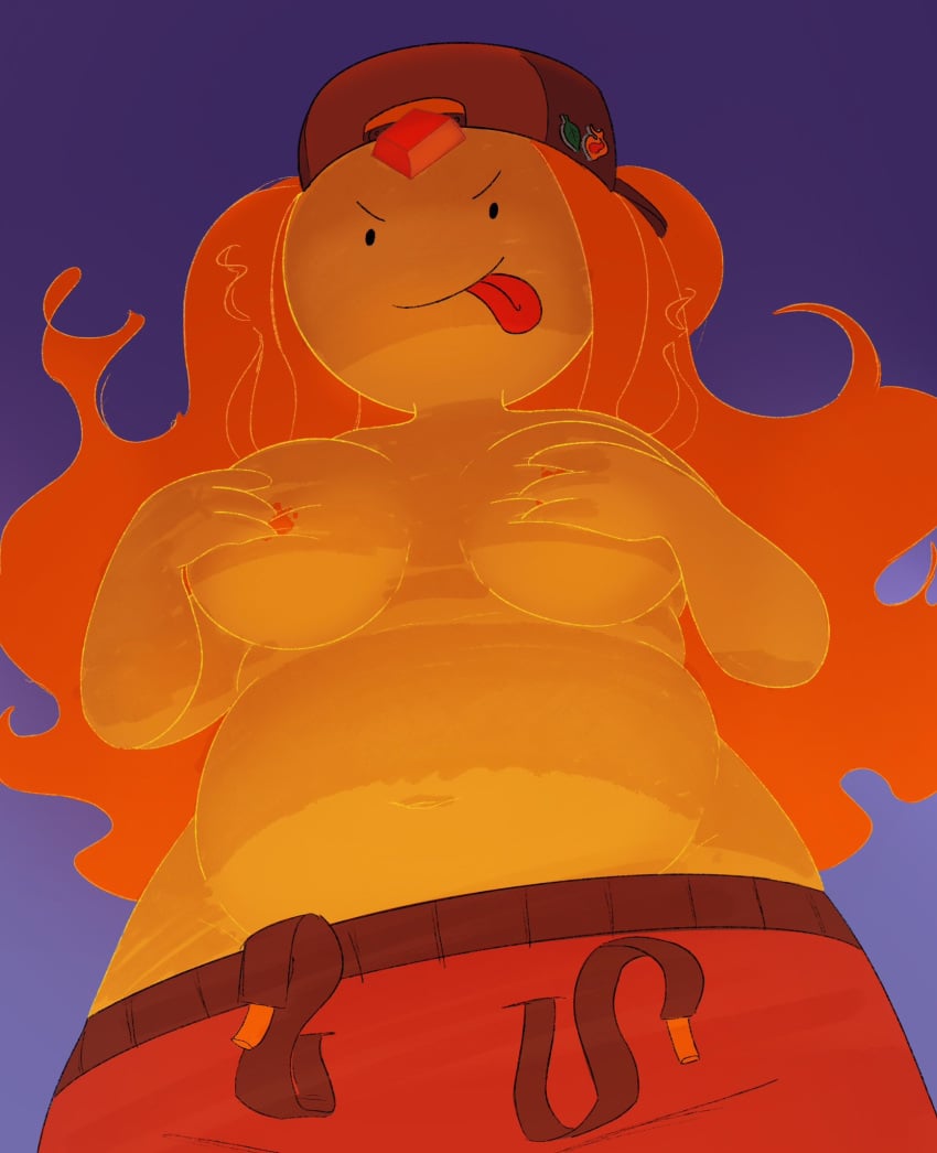 adventure_time breasts cap covering elemental_creature flame_princess kross_draws orange orange_hair shorts sticking_out_tongue tagme tomboy topless