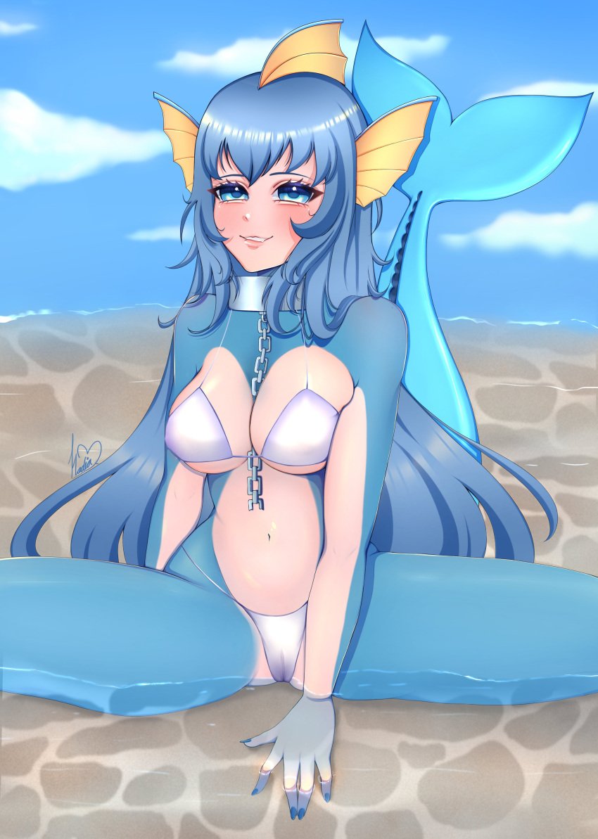 big_breasts bikini blue_eyes blue_hair doraimonuwu female female_only fins game_freak irelyth necklace nintendo pokemon smile tail vapoire vaporeon virtual_youtuber vtuber white_bikini