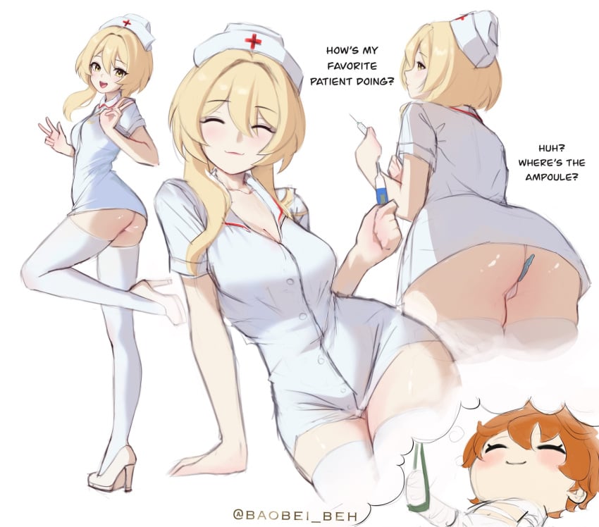 1boy 1girls ass bandage baobei_beh blonde_hair blush breasts chibi childe_(genshin_impact) closed_eyes couple cute dat_ass english_text fanon_couple female genshin_impact happy hoyoverse imagining injury lumine_(genshin_impact) male mihoyo nurse nurse_uniform red_hair smile straight tartaglia_(genshin_impact) thighhighs thought_bubble