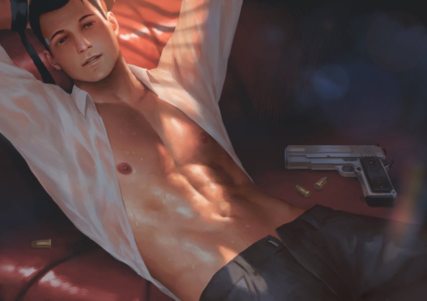 abs black_pants blue_eyes brown_hair bullets connor_(detroit:_become_human) couch detroit:_become_human gun male_only penguin_frontier pistol solo_male tied_wrists unbuttoned_pants unbuttoned_shirt white_shirt