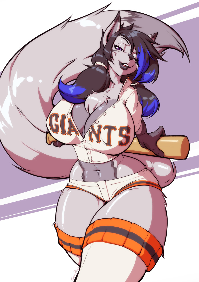 1girls animal_ears anthro baseball_bat baseball_uniform big_breasts black_hair black_lipstick blue_hair grey_fur huge_breasts long_hair midriff minishorts purple_eyes sportswear svenners svenspronfest tail thick_thighs twintails two_tone_hair wolf wolf_ears wolf_girl wolf_tail