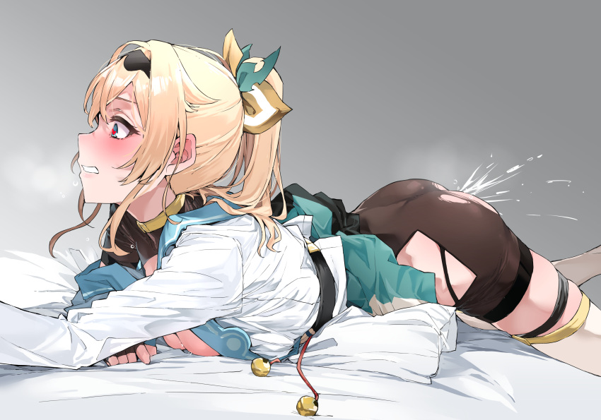 1girls absurdres ass blonde_hair blue_eyes blush breasts ear_blush female female_only hair_ornament heart heart-shaped_pupils highres hololive hololive_japan holox japanese_clothes kazama_iroha kazama_iroha_(1st_costume) long_hair lying on_bed on_stomach ponytail simple_background solo steam symbol-shaped_pupils teeth thighhighs torn_clothes virtual_youtuber white_thighhighs yuukauta zettai_ryouiki