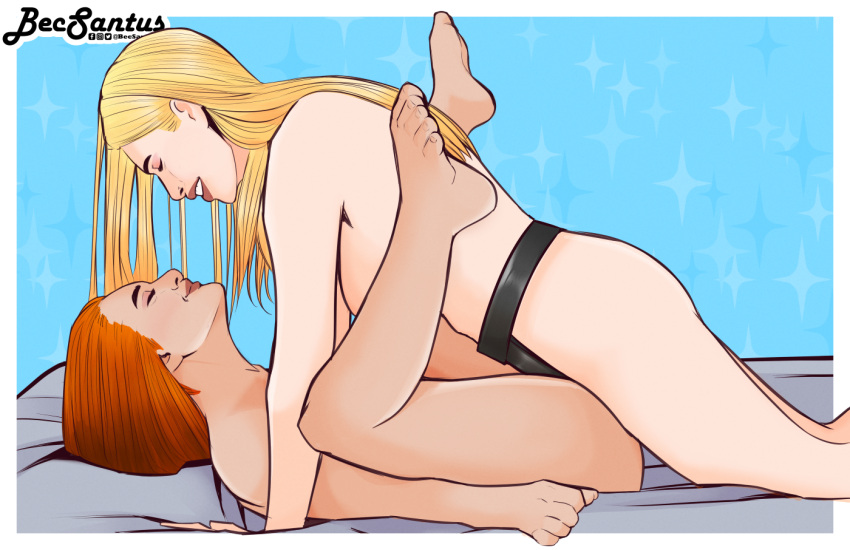 2girls barefoot becsantus bed bed_sheet bedding bedroom bedroom_setting bedroom_sex billie_piper blonde blonde_female blonde_hair blonde_hair_female closed_eyes daphne_ashbrook doctor_who eyes_closed feet female female/female female_focus female_on_top female_only female_penetrated grace_holloway legs legs_up lesbian lesbian_sex lesbians missionary missionary_position multiple_girls naked naked_female nude nude_female nudity red_hair redhead rose_tyler sex smile smiling strap-on strapon toes yuri