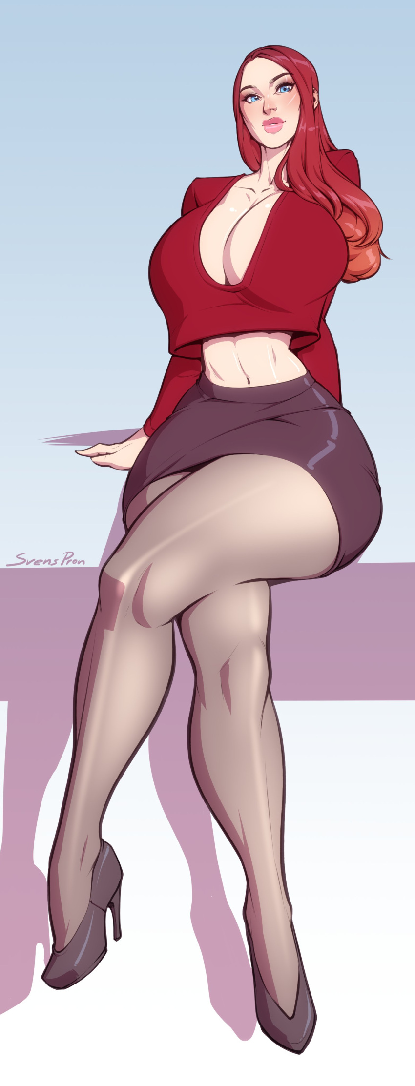 1girls big_breasts blue_eyes cleavage crossed_legs female female_only high_heels hourglass_figure huge_breasts looking_at_viewer midriff office_lady original pantyhose pureruby87 real_person red_hair sitting skirt solo svenners svenspronfest thick_thighs two_tone_hair wide_hips