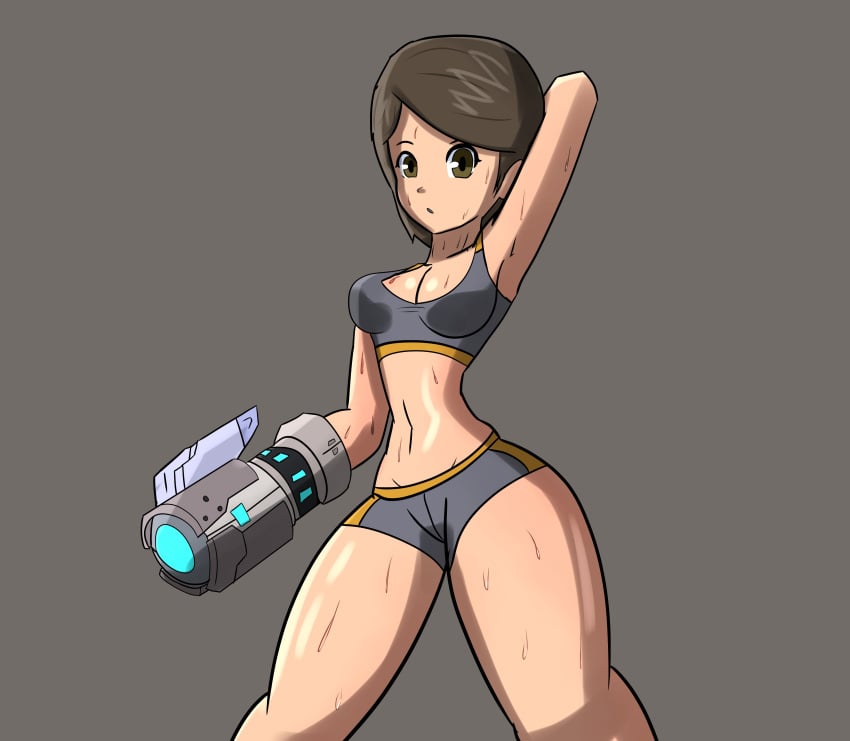 1girls abs arm_behind_head arm_cannon armpit breasts brown_eyes brown_hair cameltoe cannon cleavage female female_only hips mii mii_gunner mii_gunner_(smash_ultimate) n3on_f0x_art nintendo open_mouth pose posing skin_tight solo solo_female sports_bra sportswear super_smash_bros. super_smash_bros._ultimate sweat wide_hips wink