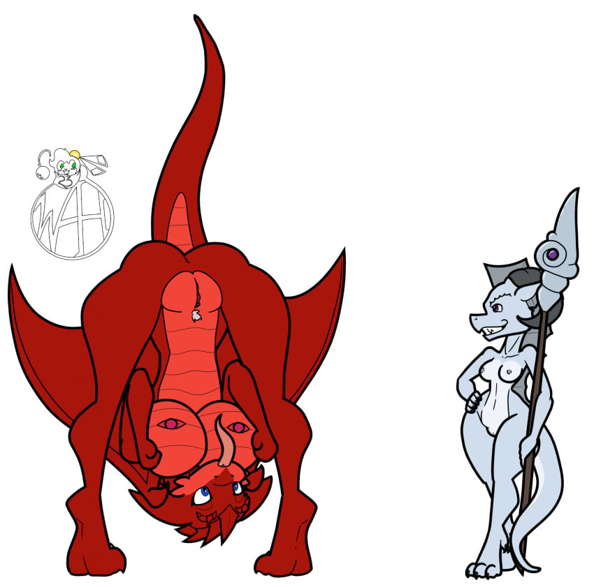 anthro big_breasts blue_eyes breast_expansion breast_size_difference breasts curved_horn dragon duo evil_grin expansion female genitals grey_body grey_horn grey_scales hi_res holding_scepter horn iolith kobold muniversalarts nipples non-mammal_breasts nude open_mouth pubes purple_eyes pussy red_body red_nipples red_scales scales scalie setta_flamowitz size_difference small_breasts smile standing story story_in_description tail tongue tongue_out western_dragon wings