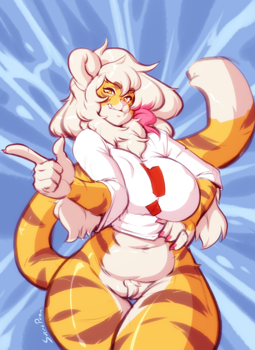 1girls big_breasts bottomless curvaceous curvy huge_breasts long_hair midriff pink_eyes pink_nails svenners svenspronfest thick_thighs thigh_gap tiger tiger_ears tiger_girl tiger_tail voluptuous voluptuous_female white_hair wide_hips